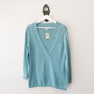 Coldwater Creek NWT Blue V Neck Sweater Medium Cotton Knit Lightweight Pullover